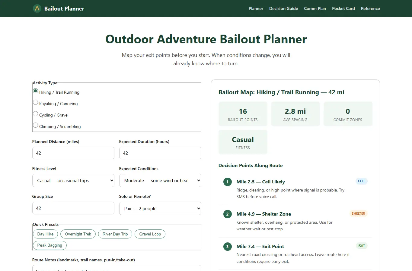 Screenshot of Outdoor Adventure Bailout Planner interface showing the project page in use